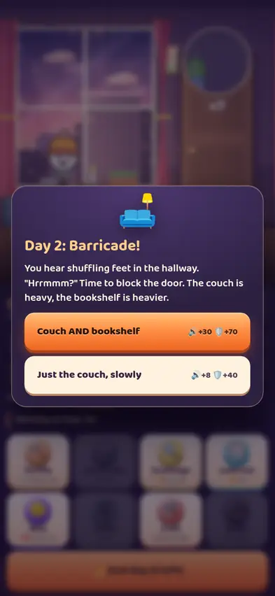The Day 2 Barricade! card with choices Couch AND bookshelf for noise +30 and barricade +70, or Just the couch, slowly for noise +8 and barricade +40