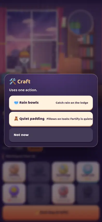 The Craft menu offering Rain bowls to catch rain on the ledge and Quiet padding to make fortifying quieter