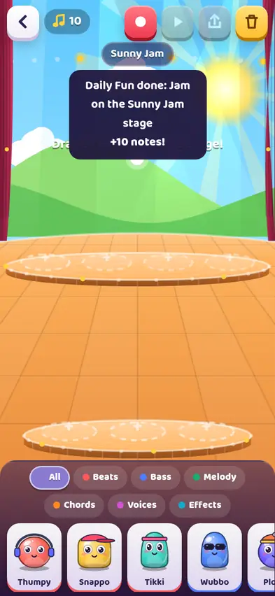 An empty sunny stage with seven dashed spots and a tray of buddies below: Thumpy, Snappo, Tikki and Wubbo
