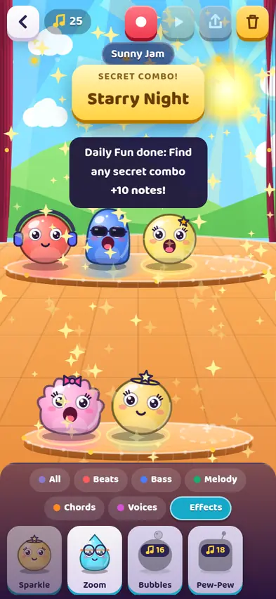 Five buddies on stage covered in sparkles under a SECRET COMBO! Starry Night banner