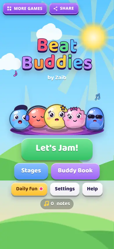 The Beat Buddies title screen with Let's Jam!, Stages, Buddy Book, Daily fun, Settings and Help buttons