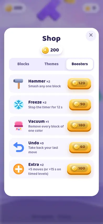 The Block Glide shop on the Boosters tab with Hammer 120, Freeze 90, Vacuum 180, Undo 60 and Extra 100 coins