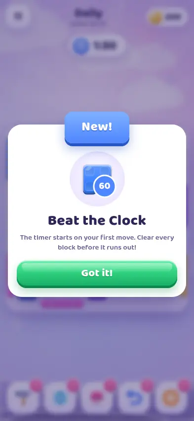 The Block Glide Daily Challenge with a Beat the Clock card explaining that the timer starts on your first move