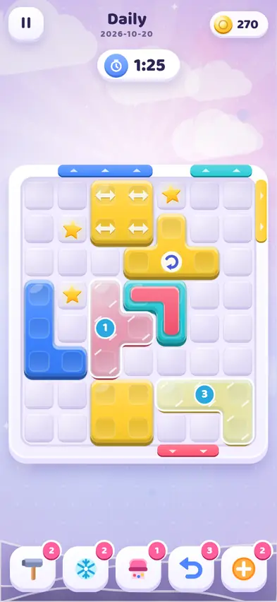 A Daily Challenge board with a 1:25 timer, arrow blocks, a rotating block, numbered ice blocks, a two-colour block and stars