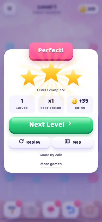 The Block Glide Level 1 results card showing Perfect, three stars, 1 move and plus 35 coins