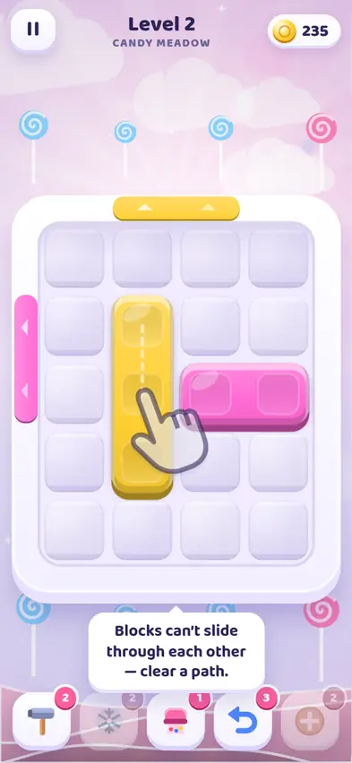 Level 2 with a tall yellow block under a yellow gate at the top and a pink block next to a pink gate on the left wall