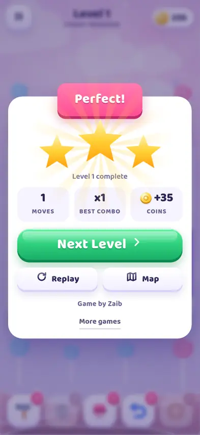 A Perfect results card with three stars, 1 move, best combo x1 and +35 coins