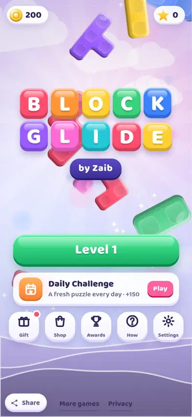 The Block Glide title screen with colourful clay letter blocks and the Level 1 and Daily Challenge buttons