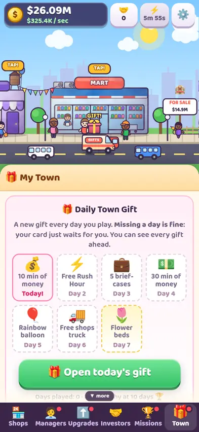The Daily Town Gift card showing seven stamps from 10 minutes of money to flower beds