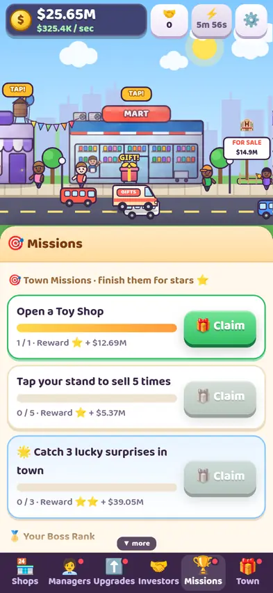 The Missions tab with a ready-to-claim mission and two in progress