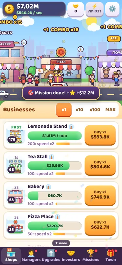 The Shops list after five minutes, with Lemonade Stand, Tea Stall, Bakery and Pizza Place running