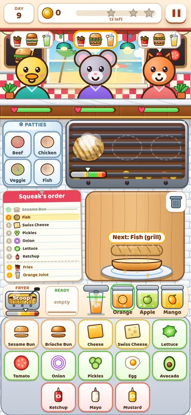 The diner at day 9 with three animal customers, Squeak's order ticket listing a fish burger with fries and orange juice, and a fish patty on the grill