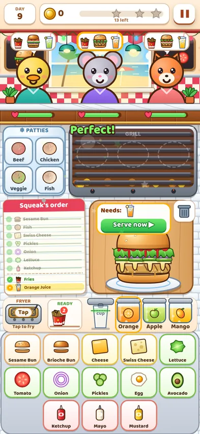 A finished burger on the plate with a Serve now button and fries and juice ready on the side