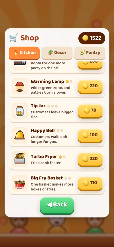 The Kitchen tab of the shop with Warming Lamp, Tip Jar, Happy Bell, Turbo Fryer and Big Fry Basket