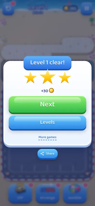 The Level 1 clear card showing +30 coins with Next and Levels buttons