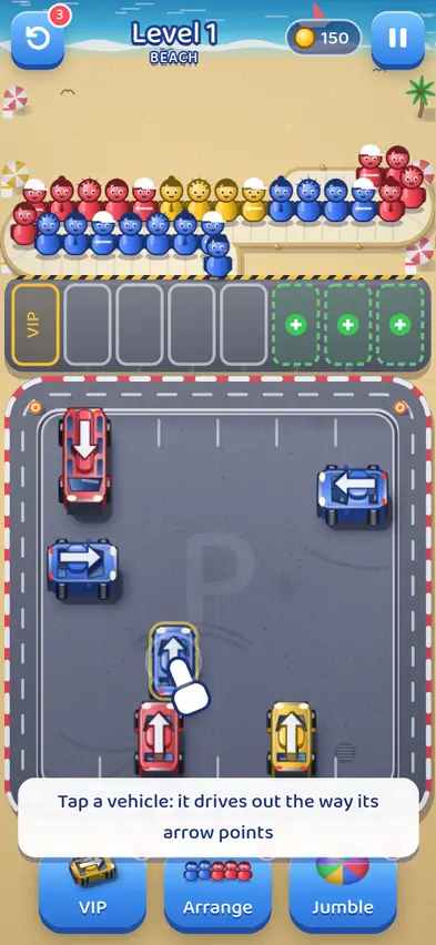Level 1 on a beach: a winding queue of red, yellow and blue passengers, an empty parking row with a VIP spot and three locked spots, and six vehicles with arrows in the lot