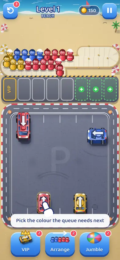 The same lot after two blue cars have left, with a red truck, a blue van, a red car and a yellow car remaining and the hint Pick the colour the queue needs next