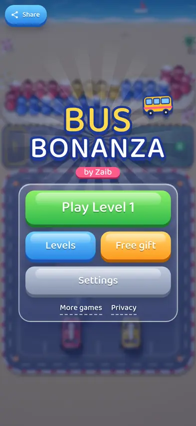 The Bus Bonanza title screen with Play Level 1, Levels, Free gift and Settings buttons