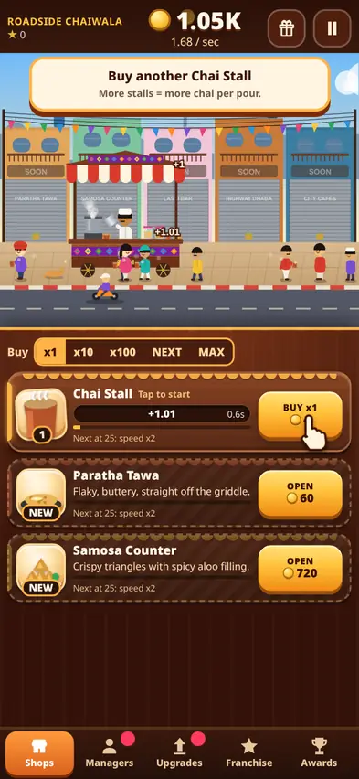 A bazaar street with one chai stall, customers queueing, closed shutters marked Soon, and a hint to buy another Chai Stall
