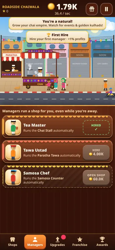 The Managers tab with Tea Master hired for the Chai Stall and Tawa Ustad costing 4,000 coins