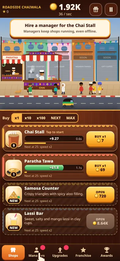 The shop list showing 9 Chai Stalls, 1 Paratha Tawa, and the Samosa Counter and Lassi Bar waiting to open, earning 36 per second