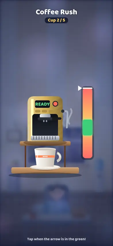 The Coffee Rush minigame: a coffee machine, a cup, and a meter with a green zone and an arrow, cup 2 of 5