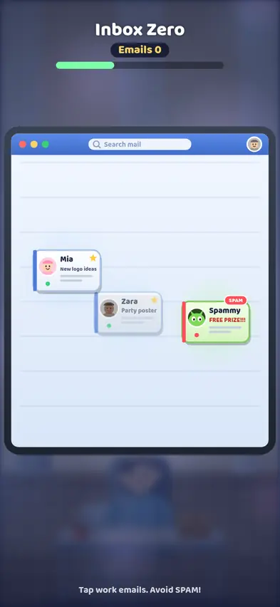 The Inbox Zero minigame with emails from Mia and Zara and a green SPAM email from Spammy offering a free prize