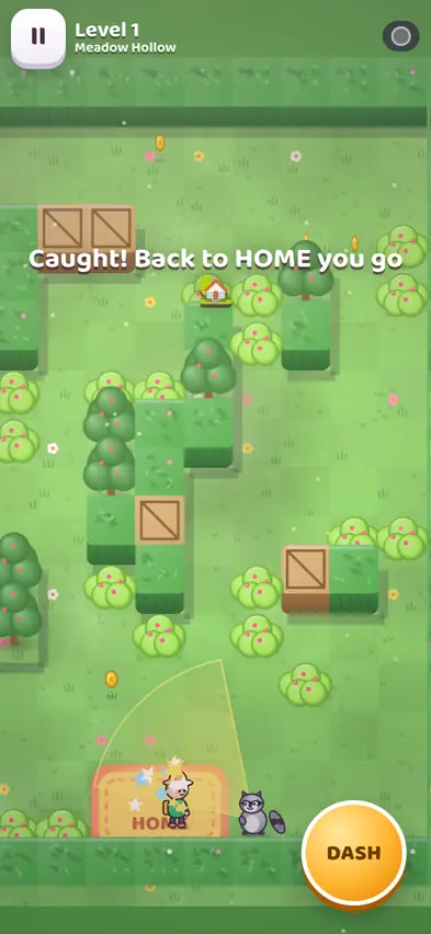A raccoon catching the keeper next to the HOME mat with the message Caught! Back to HOME you go