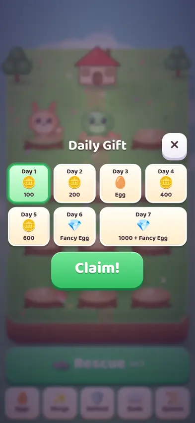 The Critter Keep with Rescue Lv 1, Eggs, Merge, Defend, Book and Quests buttons