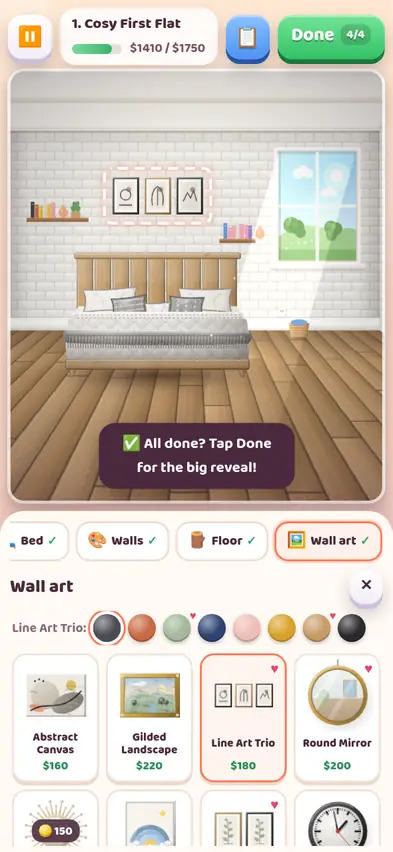 A finished bedroom with a platform bed, subway tile walls, oak plank floor and line art, with the budget showing 1,410 of 1,750 dollars and Done 4/4