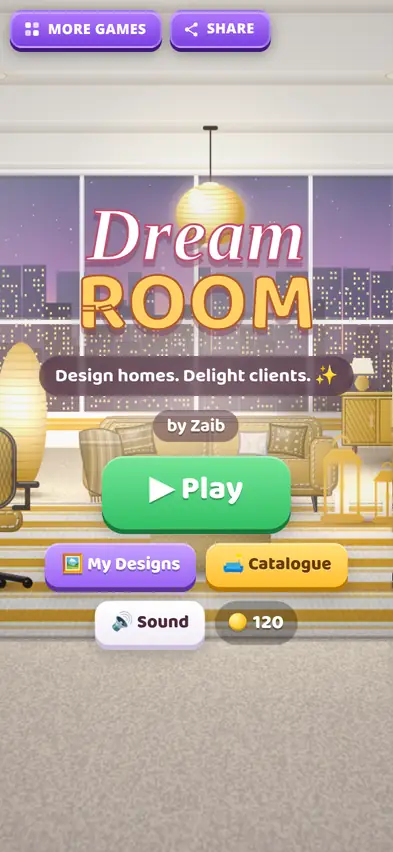 The Dream Room title screen with Play, My Designs, Catalogue and Sound buttons