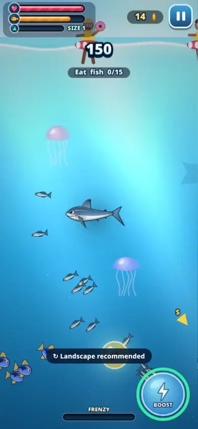 A grey shark in bright blue water surrounded by small silver fish, two jellyfish and swimmers on rubber rings at the surface
