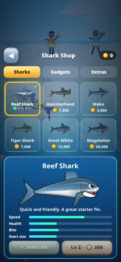 The Shark Shop showing six sharks from the free Reef Shark to the Megalodon at 30,000 coins