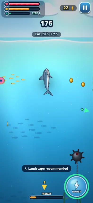 The shark leaping near the surface with 3 of 15 fish eaten, 22 coins, a score of 176 and a sea mine below