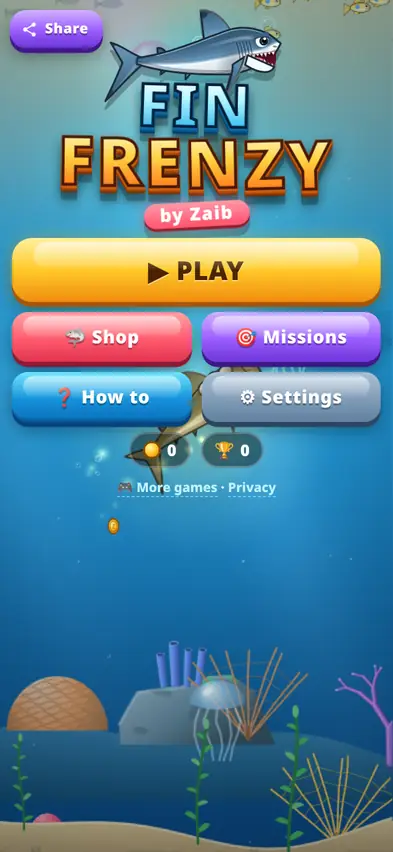 The Fin Frenzy title screen with Play, Shop, Missions, How to and Settings buttons