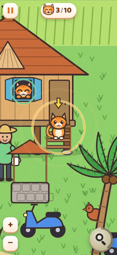 The hint has moved the view to a kampung house and a glowing ring and arrow mark a cat sitting on the steps