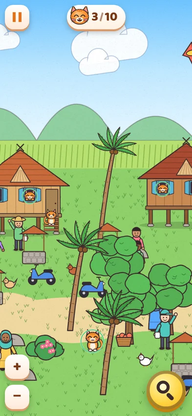 The first picture, a kampung with stilt houses and palm trees, with a counter at the top showing 3 of 10 cats found