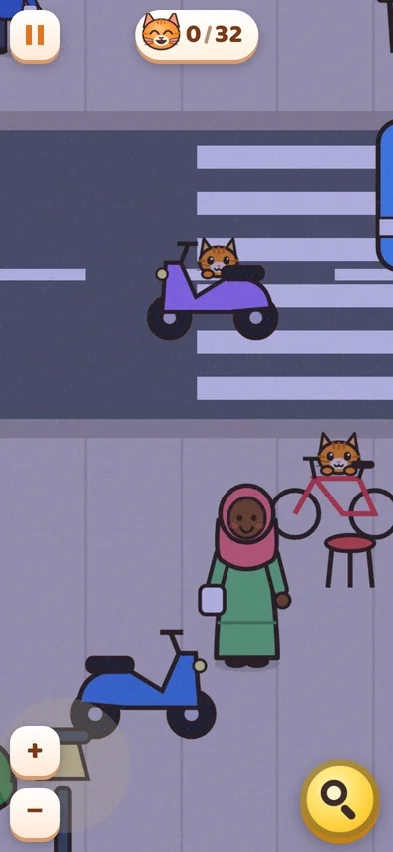 A zoomed in view of picture 13, a KL street, with one cat riding on a scooter seat and another sitting on a bicycle