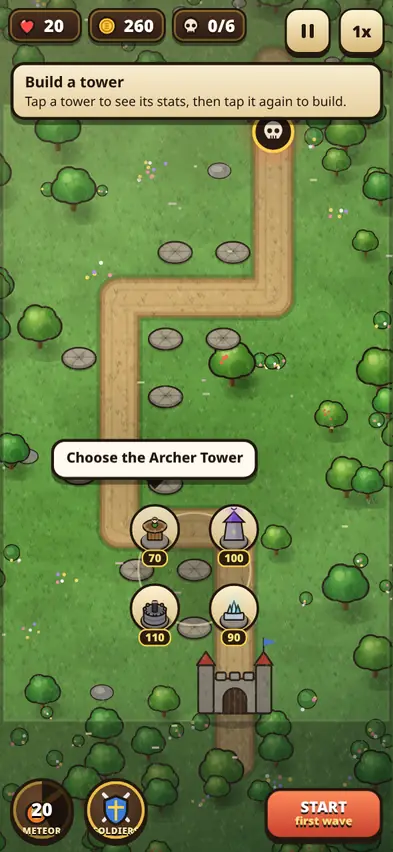 The build menu on a stone spot near the castle, showing four towers costing 70, 100, 110 and 90 coins