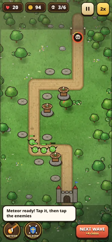 Three archer towers along a forest road shooting at a group of green goblins near the castle