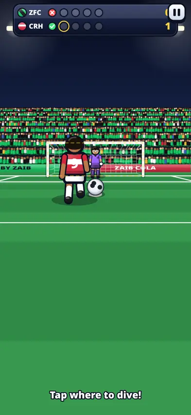 A penalty taker in red facing our keeper, with the scoreboard showing our first kick missed and the words Tap where to dive