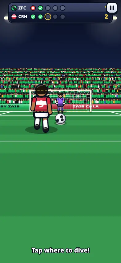 The penalty scoreboard showing our team with one miss and one goal and the opponents with two goals