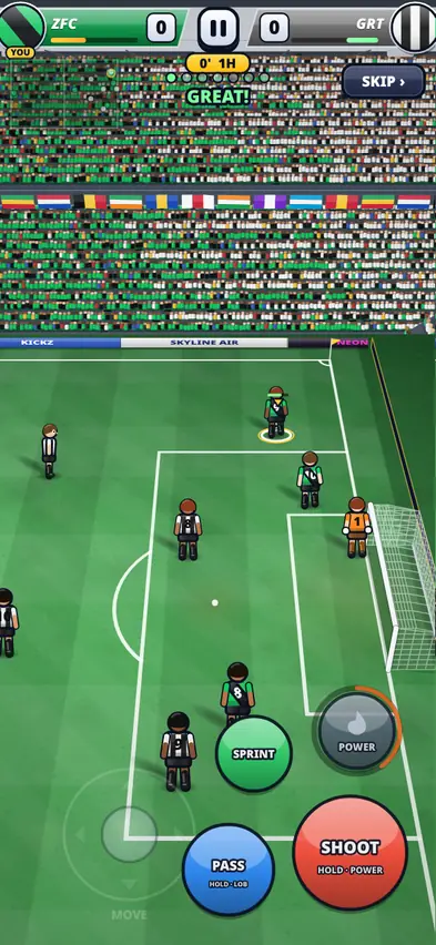 A match from a raised stadium view with players in green and striped kits, a goalkeeper in orange, and Sprint, Pass, Shoot and Power buttons