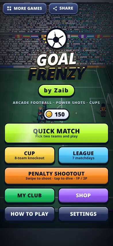 The Goal Frenzy menu with Quick Match, Cup, League and Penalty Shootout buttons