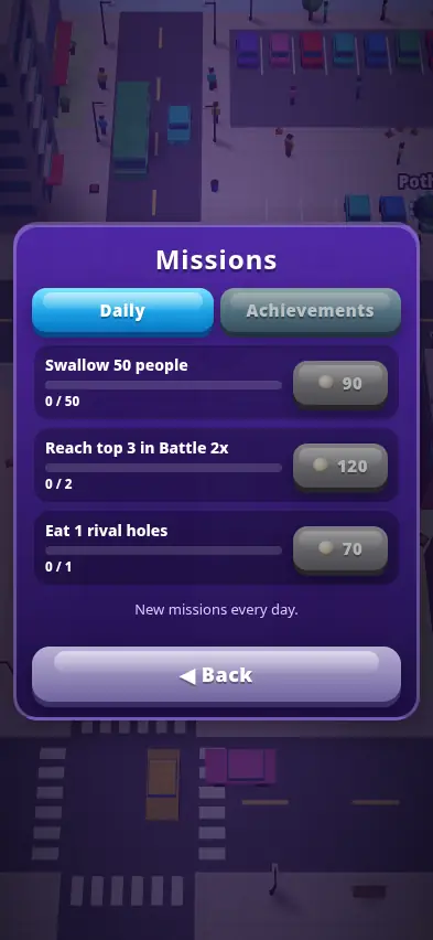 The Gobble Hole Missions screen with three daily missions worth 90, 120 and 70 coins