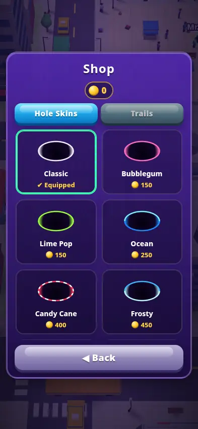 The Gobble Hole shop with hole skins Classic, Bubblegum 150, Lime Pop 150, Ocean 250, Candy Cane 400 and Frosty 450