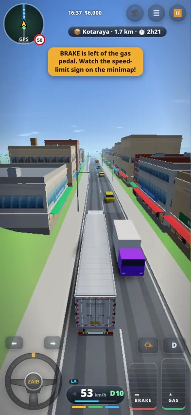The truck driving at 53 km/h on a city avenue lined with buildings, with a purple car ahead and the tip BRAKE is left of the gas pedal. Watch the speed-limit sign