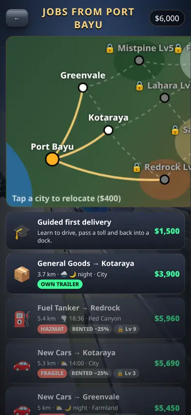 The job board map with routes from Port Bayu to Greenvale and Kotaraya, and a list of contracts with prices from 1,500 to 5,960 dollars