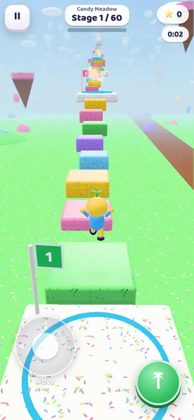 Stage 1 of Candy Meadow with a row of colourful blocks leading up into the sky