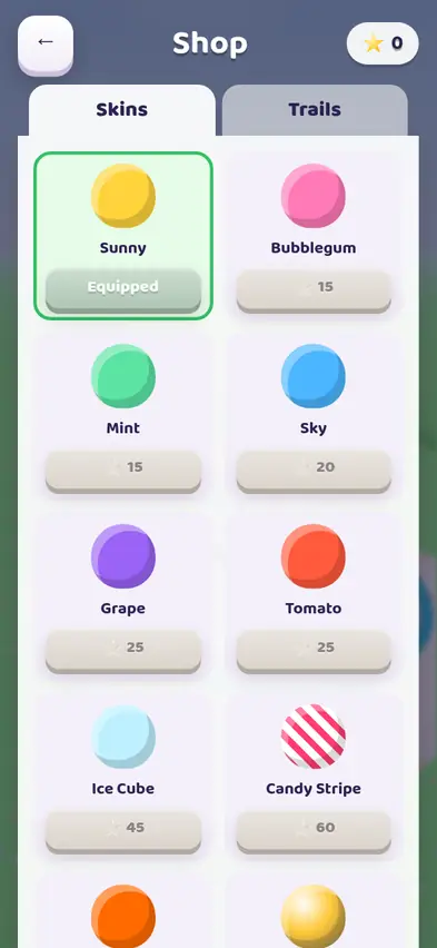 The Hop Heights shop listing skins such as Bubblegum, Ice Cube and Galaxy with their star prices